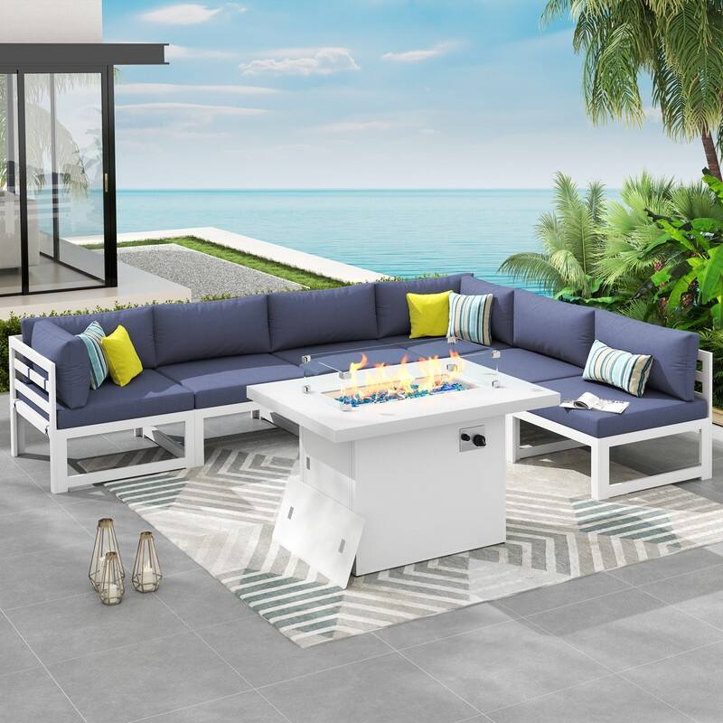7 Piece Aluminum Patio Furniture Set with Fire Pit Propane/Gas, 29 inch Deep Wide Seat Aluminum Outdoor Sectional - White Frame - Denim Blue
