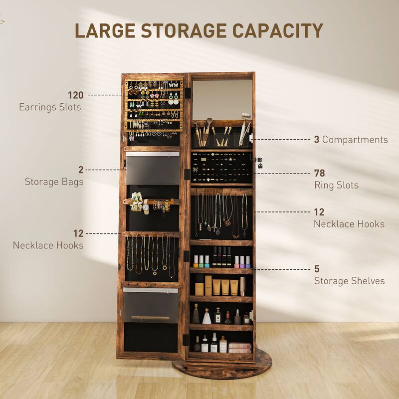 HOMCOM 360° Swivel Jewelry Cabinet, Lockable Jewelry Armoire Organizer with Full-Length Mirror for Bedroom Living Room