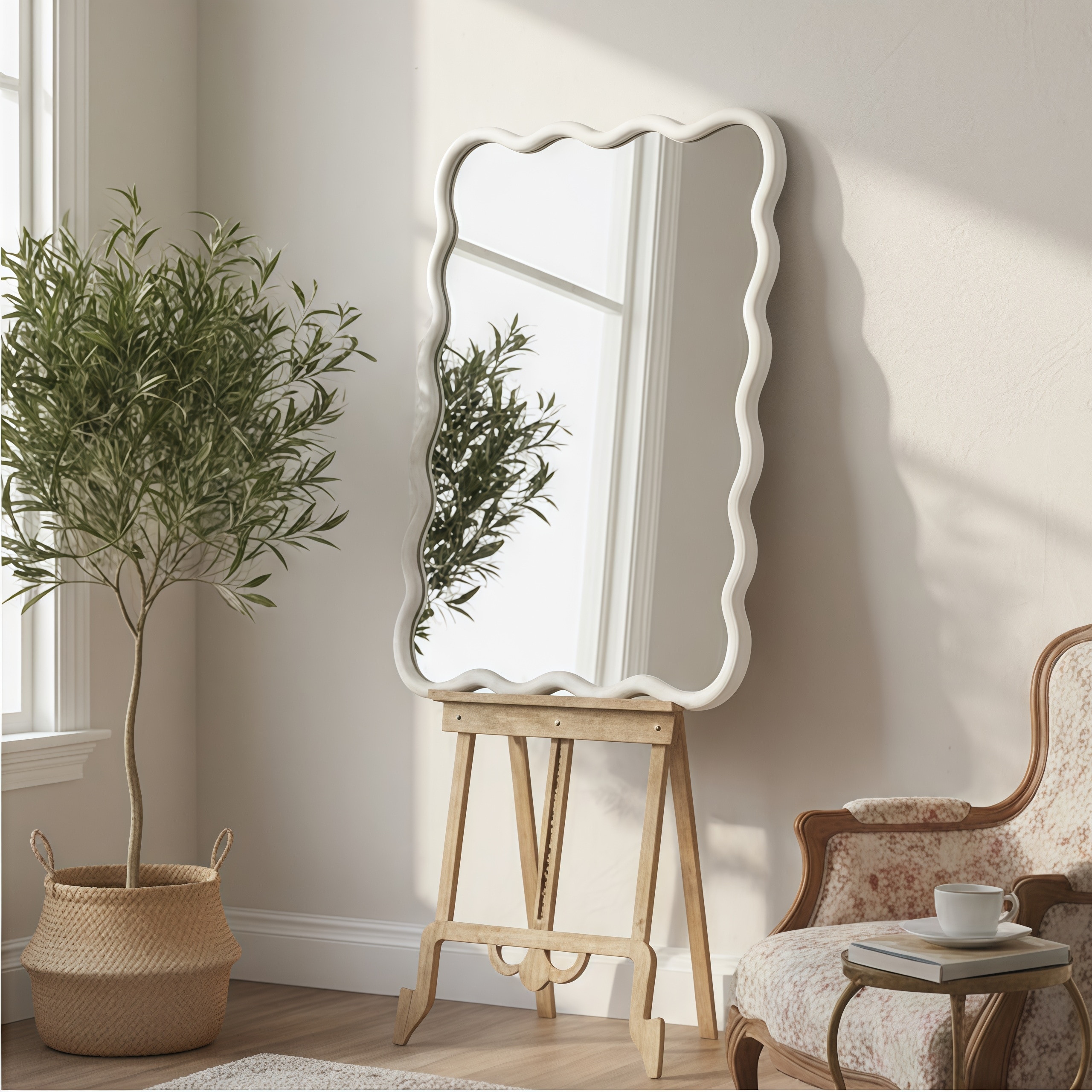 White Wavy Rectangle Solid Wood Decorative Mirror - Bedroom, Bathroom, Living Room, Entryway