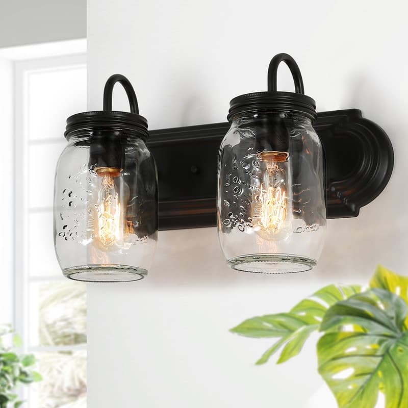 Modern Farmhouse 2-Light Vanity Light Mason Jar Glass Wall Sconces - 14" L x 8.5" H