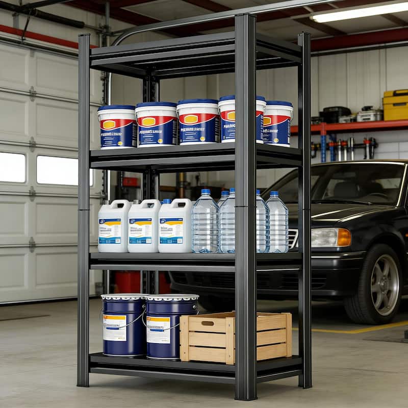 4 Layer Garage Storage Rack, Heavy-Duty Shelving, Adjustable Metal Dividers, Black, Requires Assembly