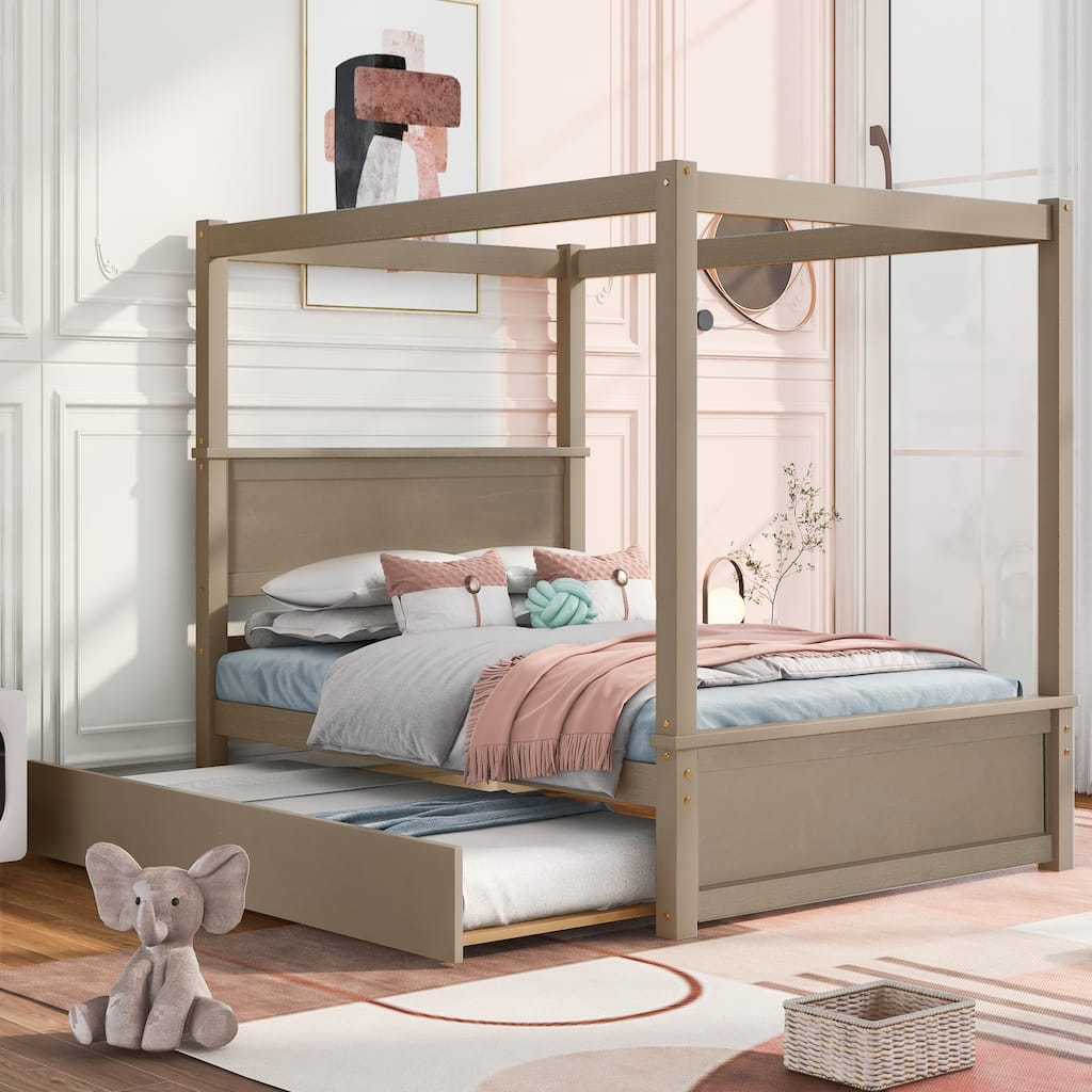 Modern Full Canopy Bed with Trundle, Solid Wood Frame, and Customizable Curtain Rails