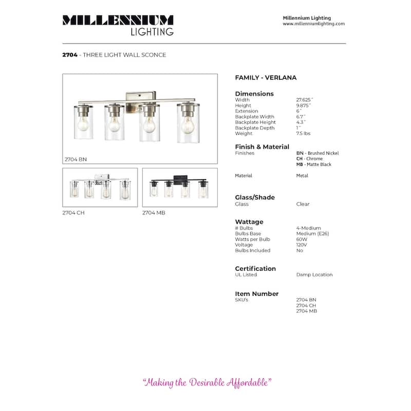 Millennium Lighting Verlana 4-Light Bathroom Vanity Fixture in Multiple Finishes with Clear Glass Shades