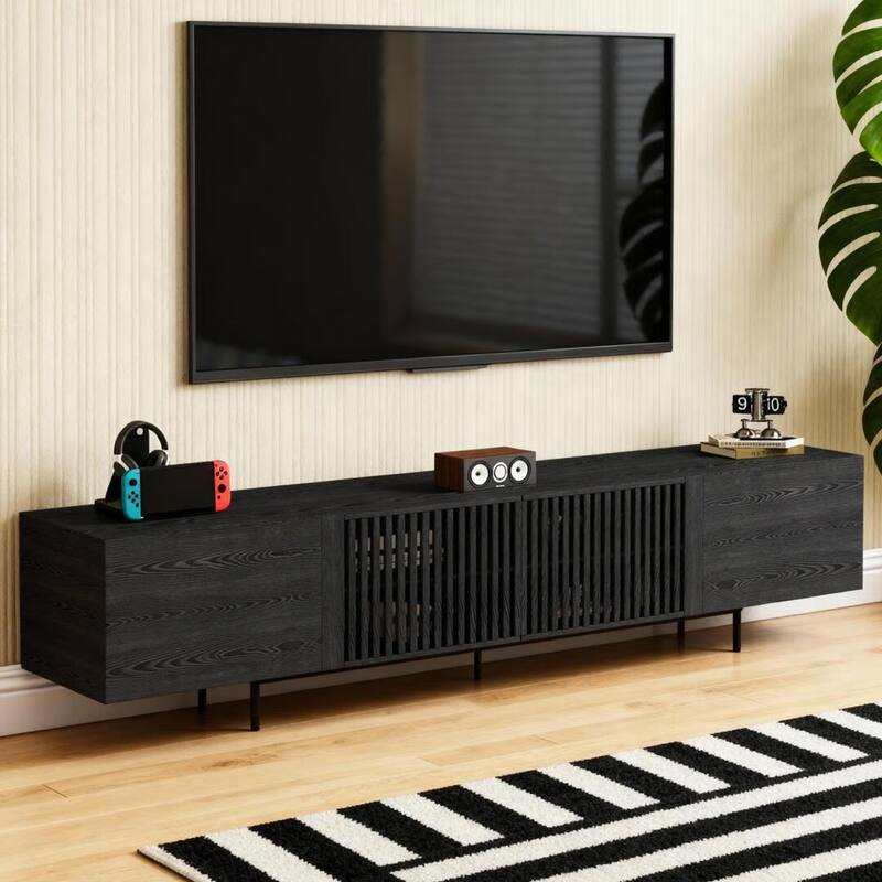 Stylish mid-century modern TV stand for up to 80" TVs. Ample storage for media devices, cable management. easy assembly.