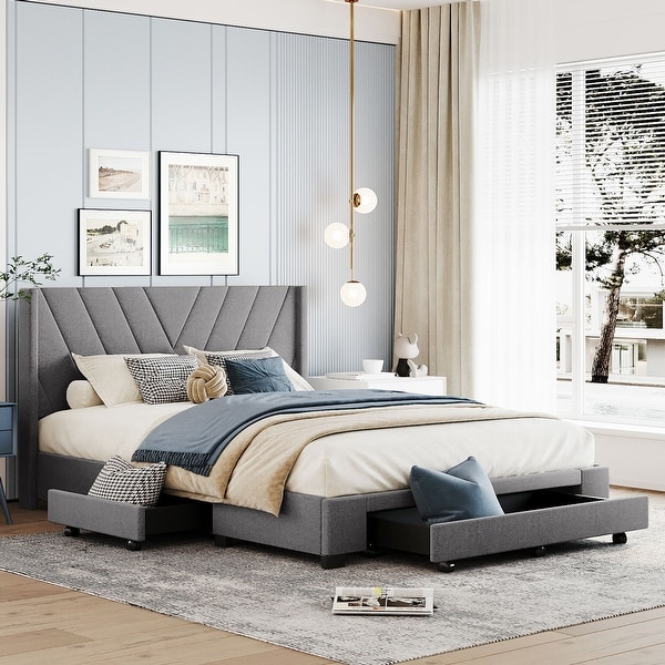 Queen size upholstered platform sales bed with storage
