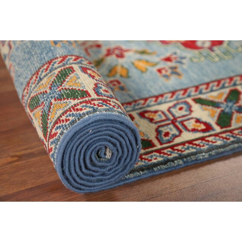 Light Blue Kazak Oriental Runner Rug Handmade Traditional Wool Carpet - 2'9" x 9'7"