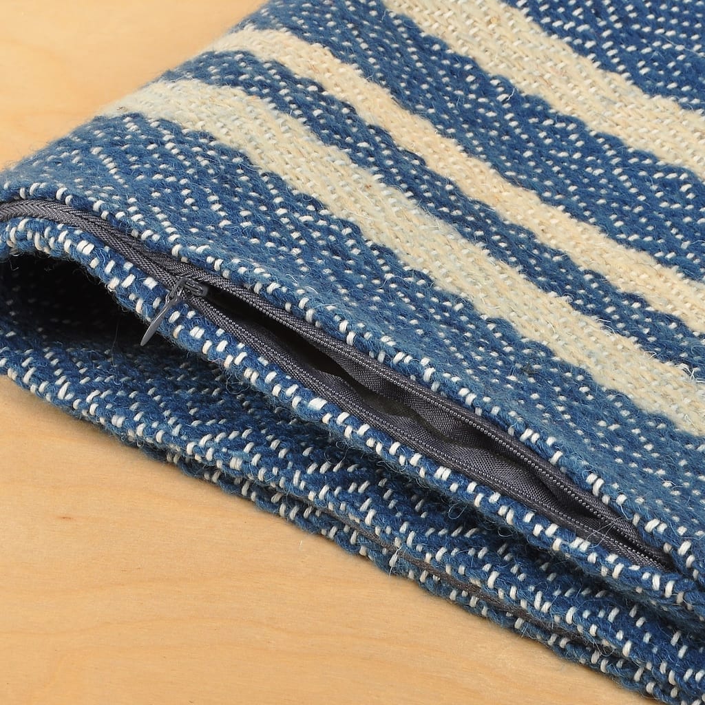 Novica Handmade Indigo Signals Wool Cushion Cover