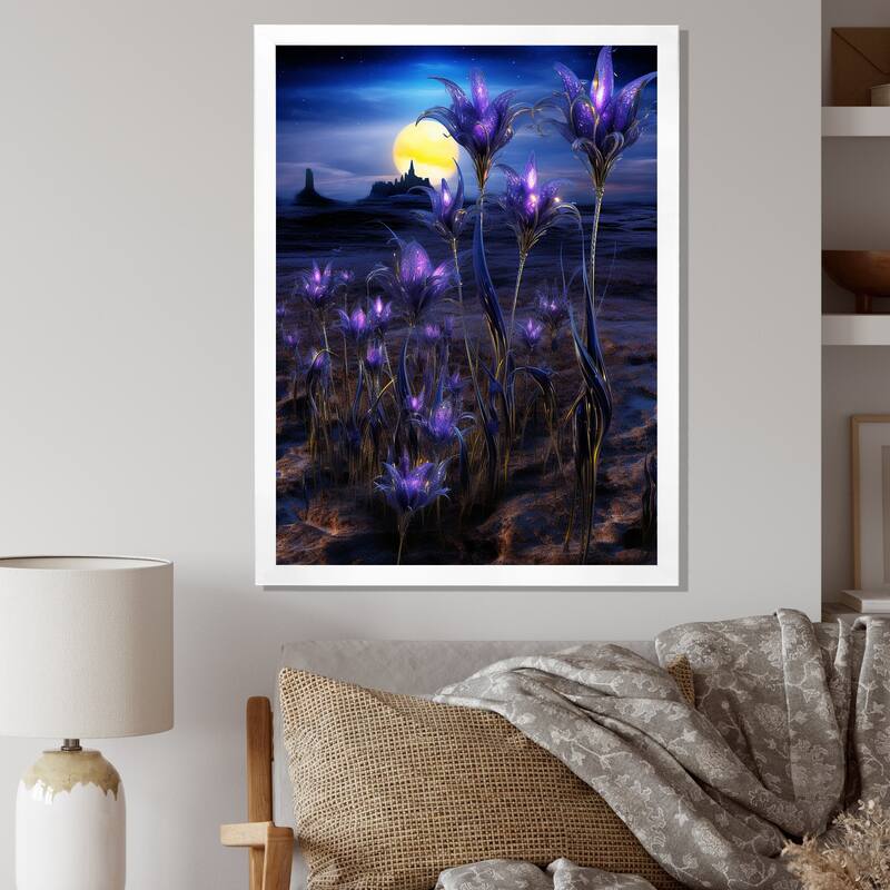 Designart "Blossoming Bluebonnet Flowers In Alien Universe" Blue Bonnets Framed Canvas Prints - 16 in. wide x 32 in. high - White