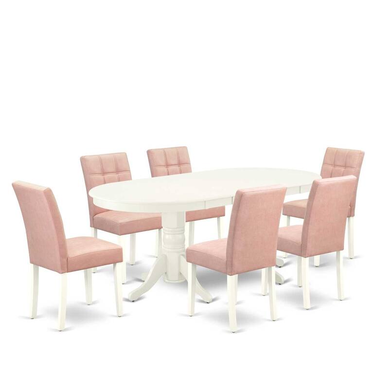Oval Dining Table Set with 6 Chairs - Linen White Kitchen Table & Chair Set - Modern Asian Style