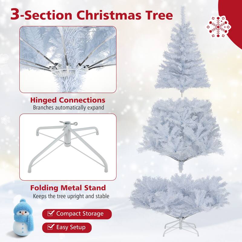 Gymax 7 FT Pre-Lit Artificial Christmas Tree Hinged White Xmas Tree w/