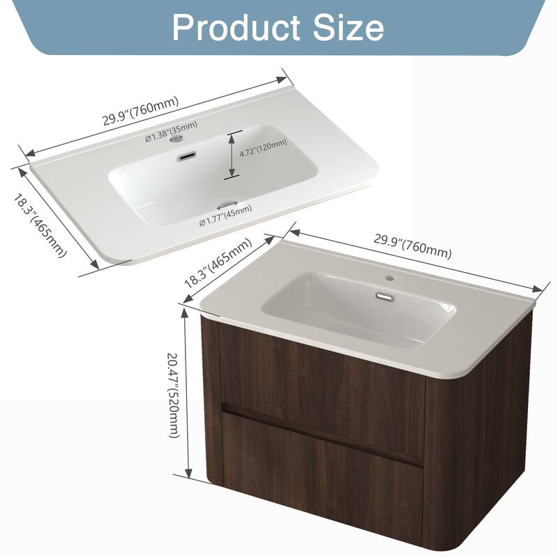 GDF Studio - Hailey American Design 30" Floating Bathroom Vanity with Sink and Two Soft-Close Drawers