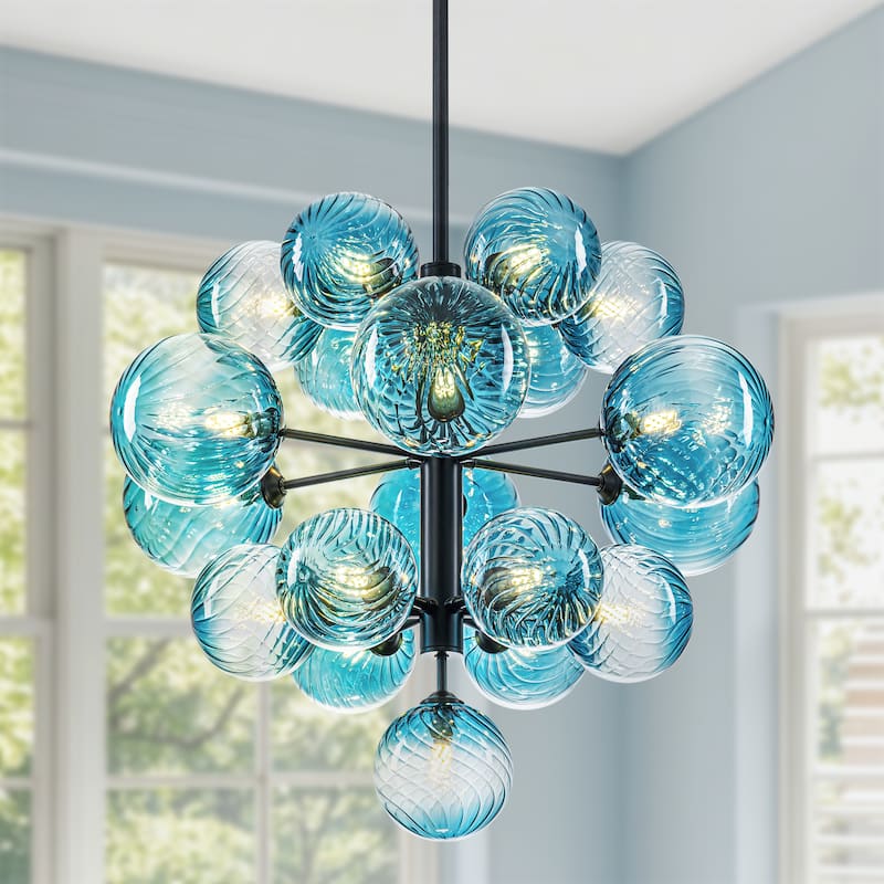Starsky 19-Light Glam Tiered Cluster Blue Swirled Bubble Chandelier - Black