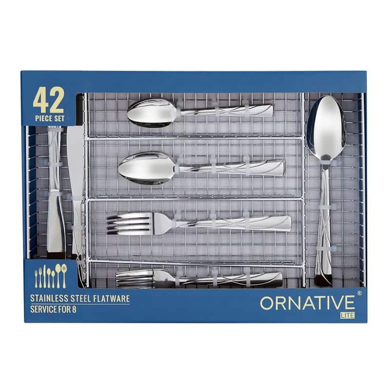 Ornative JARA 18/0 Stainless Steel Mirror 42 Pieces Flatware Set with Buffet - 10.71" H x 14.37" W x 1.77" D