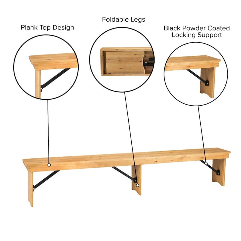 8' x 12" Solid Pine Folding Farm Bench with 3 Legs