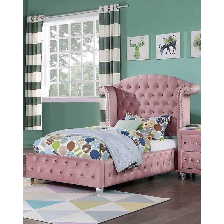 Pink Finish Fully Upholstered 1PC Glam Button Tufted Bed - Twin
