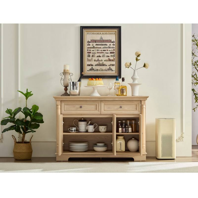 Farmhouse Roman Column Cabinet‌ – Wooden Storage Unit with Drawers & Doors, Coffee Bar & Wine Cooler for Kitchen or Hallway