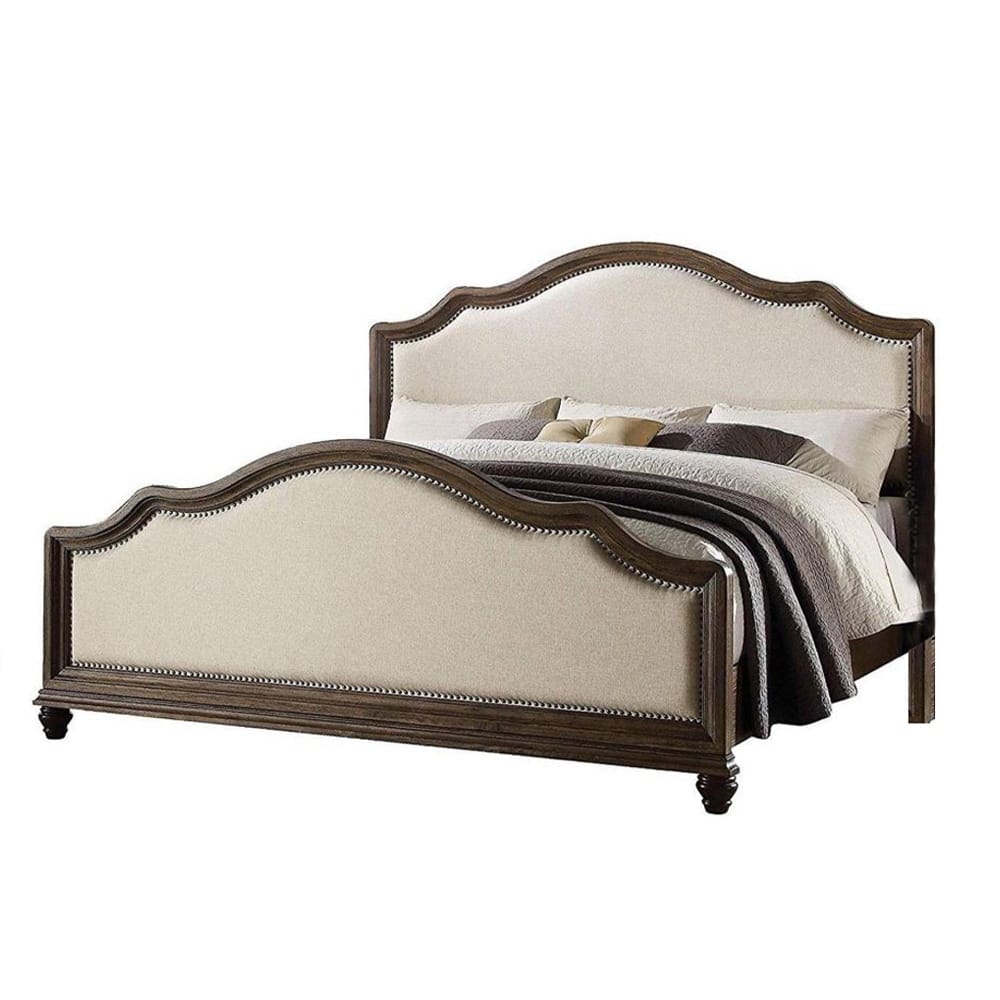 Upholstered Bed in Beige Linen & Weathered Oak