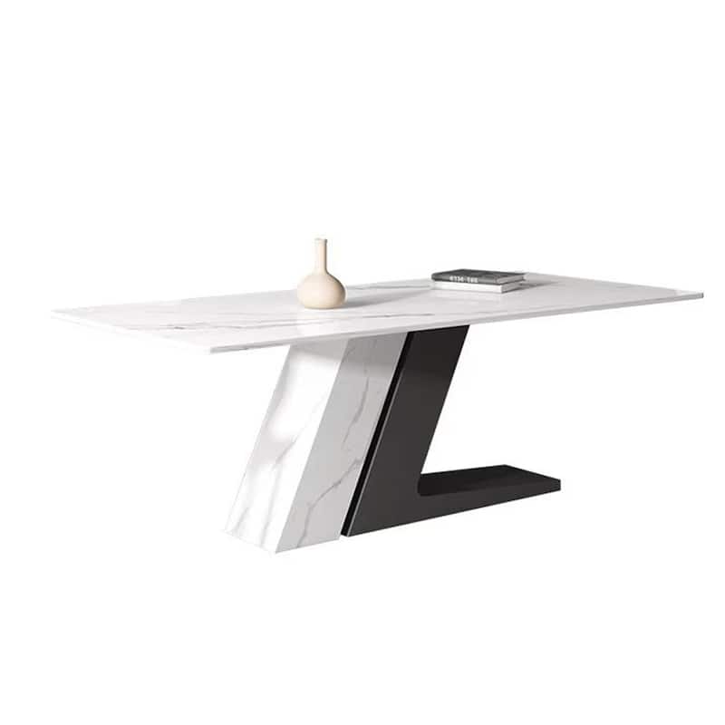 Modern Luxury White Rectangular Dining Table with Glossy Sintered Stone Tabletop, White Z-shaped Stainless Steel Base