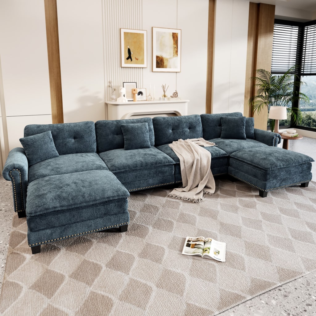 MAISON ARTS Mid-Century Modern Oversized L/U Shaped Cloud Couch with Ottoman, Deep Seat Sectional Sofa with Throw Pillows