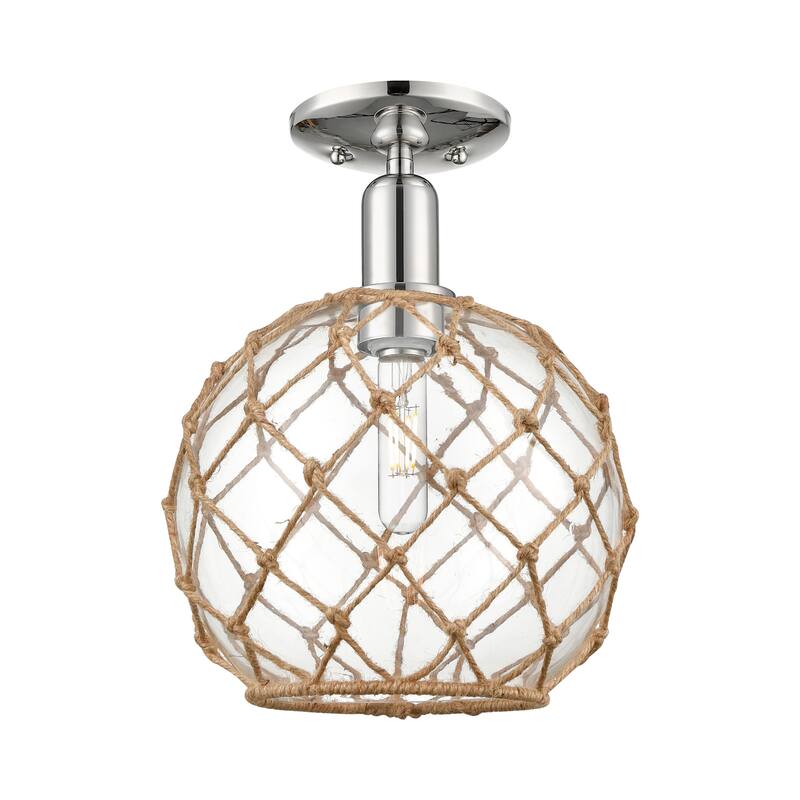 Innovations Lighting 716-1C-14-10 Farmhouse Rope Semi-Flush Farmhouse - Polished Nickel / Clear Glass with Brown Rope
