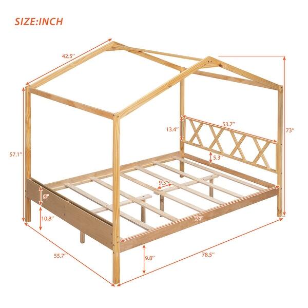 dimension image slide 5 of 6, Wood Playhouse Bed wSemi-enclosed Roof, Headboard, Footboard Storage
