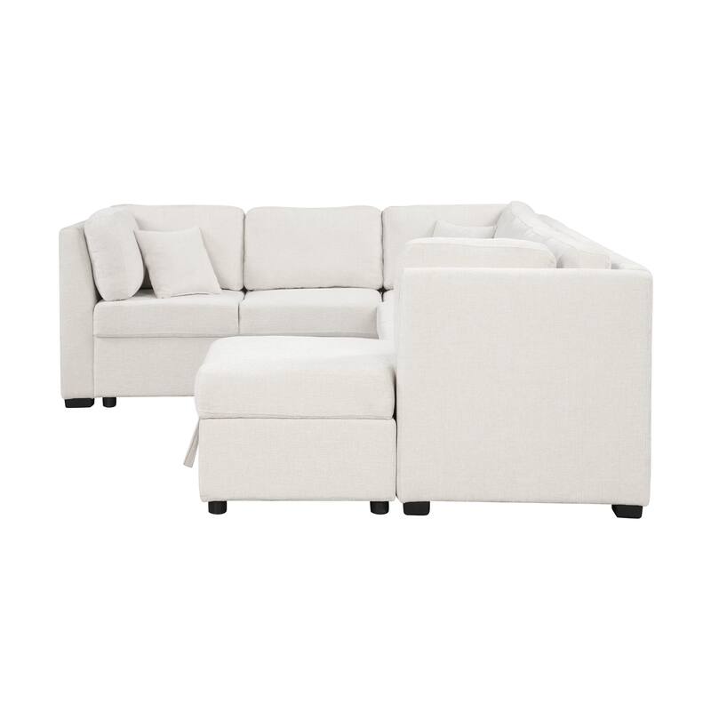 108.6" U-shaped Sofa Bed with USB, Power, Storage, Beige Chenille