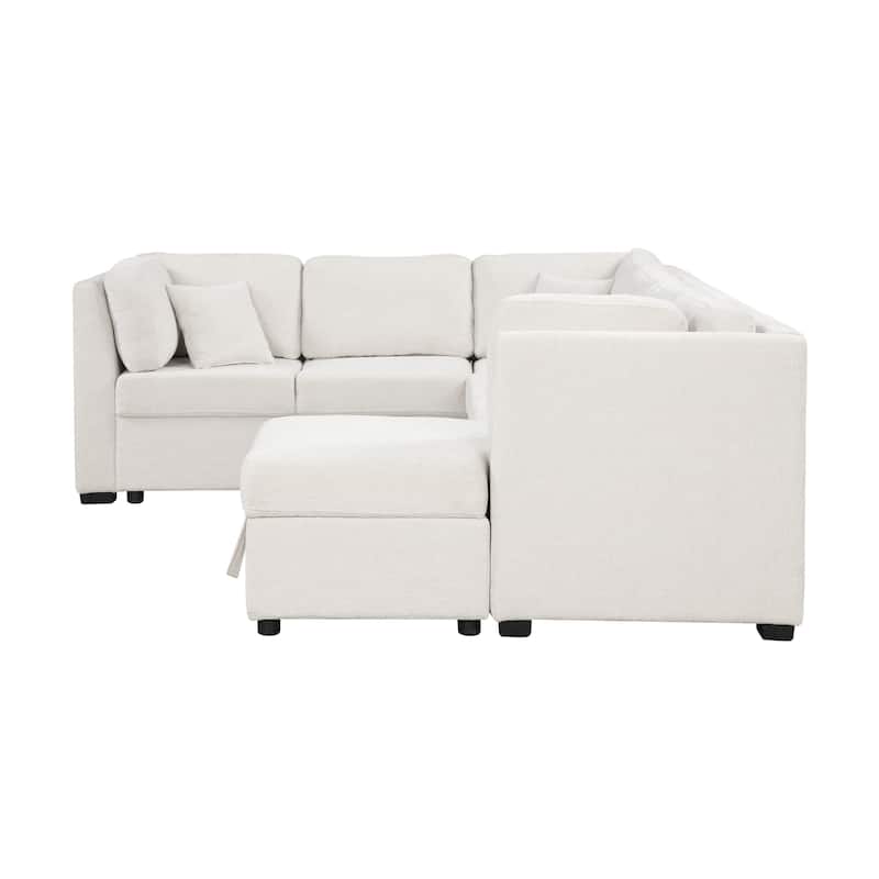 Roomfitters 108.6" U-Shaped Sectional Sofa Pull-Out Sofa Bed with USB Ports, Power Sockets, Back Pillows, Beige