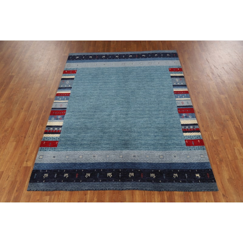 Blue Gabbeh Indian Area Rug Hand-Knotted Wool Carpet - 5'6" x 7'7"