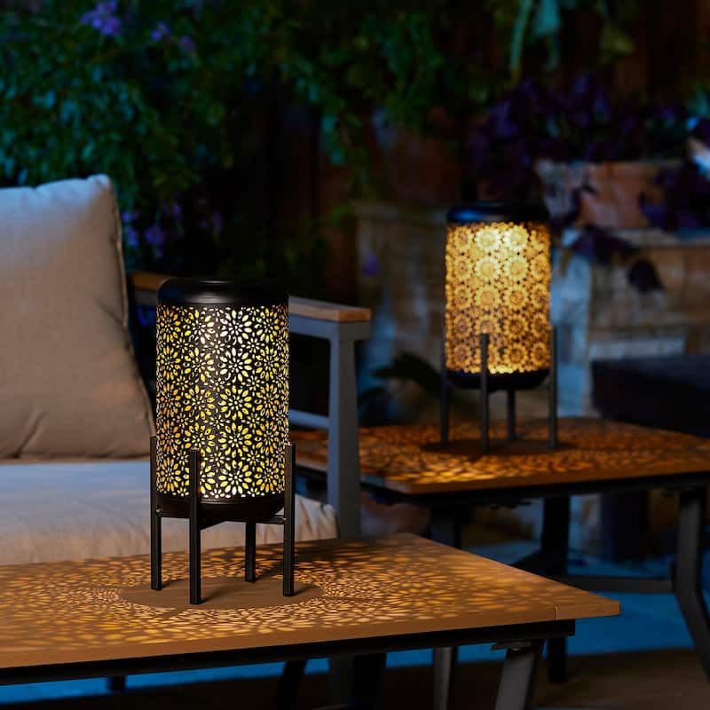 Glitzhome 14.25"H Set of 2 Metal Flower Cutout Solar Lanterns Floor Lantern