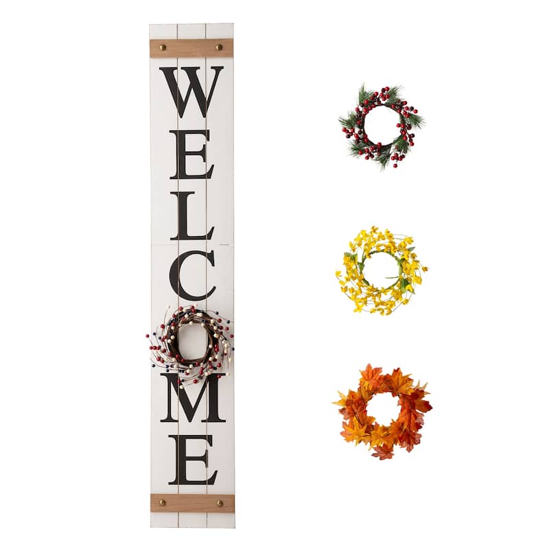 Glitzhome 60"H Wooden Welcome Porch Sign with 4 Floral Wreaths for Fall Halloween Thanksgiving Christmas Decoration