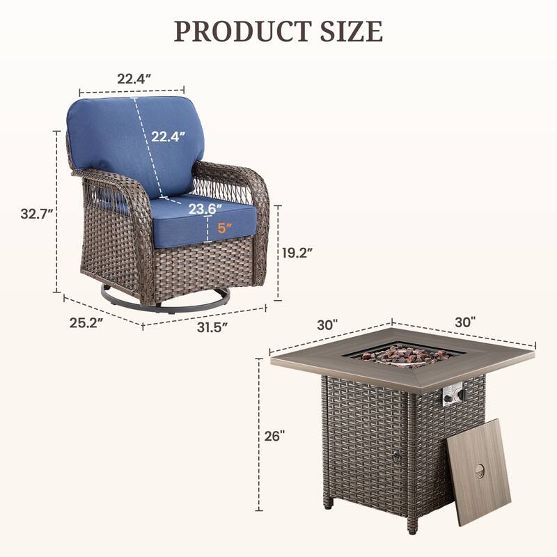 Pocassy Outdoor Sofa Ottoman Swivel Chair Table with Fire Table Funiture Set.