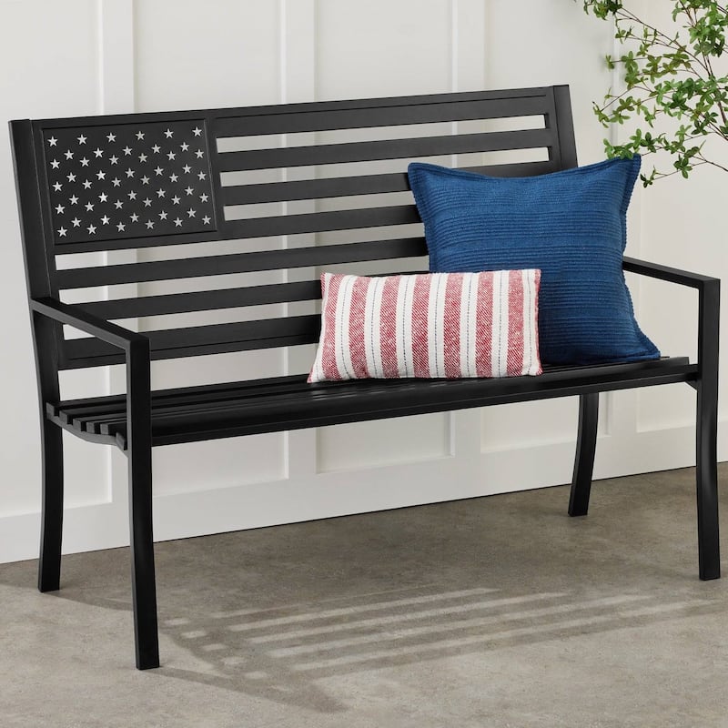 Black Steel Patriotic Outdoor Bench Curved Slatted Seating 50-Inch - 50"(L) x 26.75"(W) x 37.25"(H) - Black