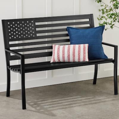 Black Steel Patriotic Outdoor Bench Curved Slatted Seating 50-Inch - 50"(L) x 26.75"(W) x 37.25"(H)