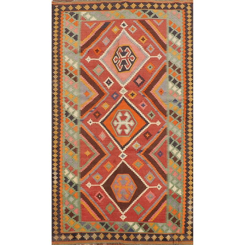 Kilim Qashqai Persian Vintage Rug Flatweave Orange Wool Carpet - 5'0"x 8'11"