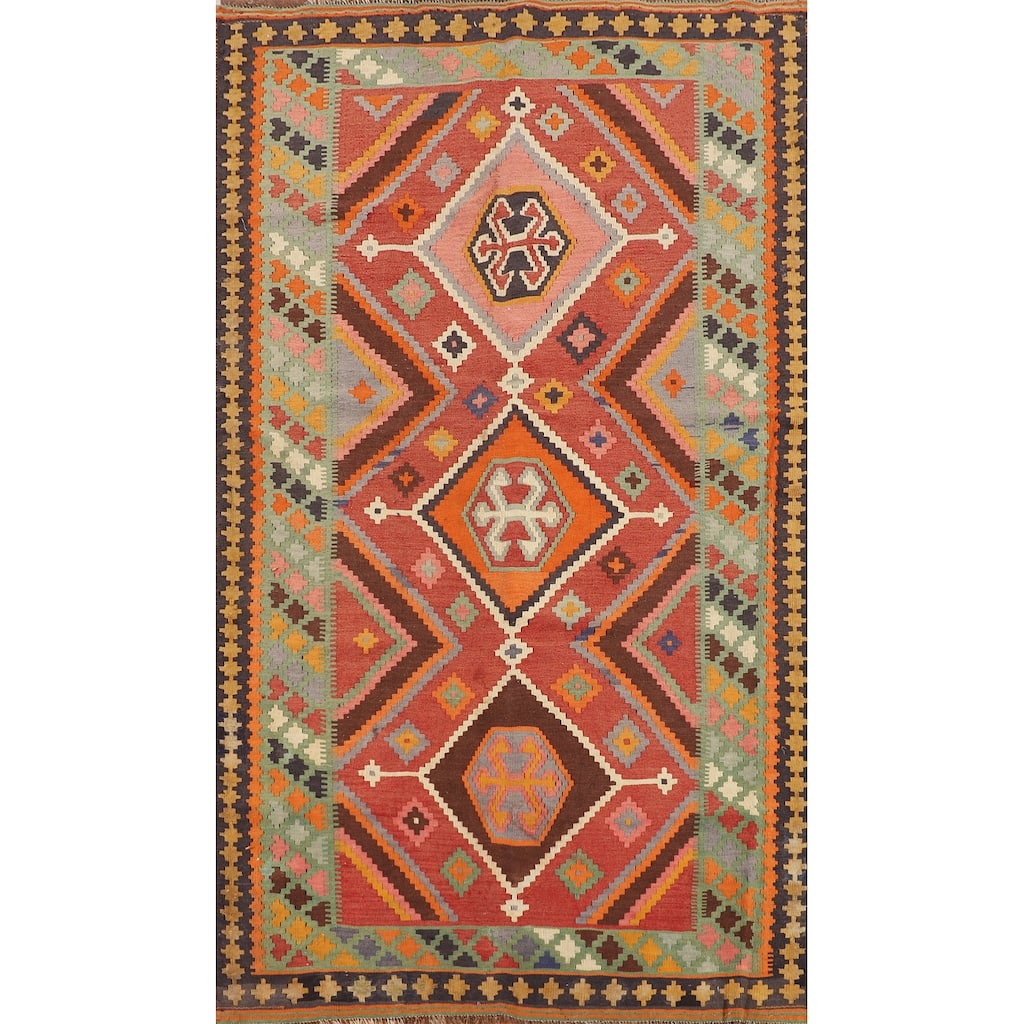 Kilim Qashqai Persian Vintage Rug Flatweave Orange Wool Carpet - 5'0"x 8'11"
