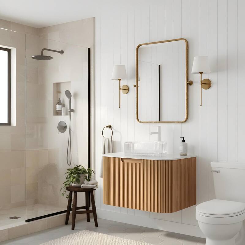 Floating Bathroom Vanity with Transparent Round Glass Basin