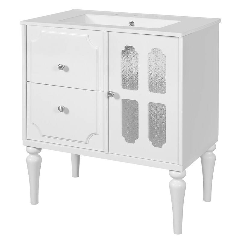 Solid Wood Frame Retro Style Bathroom Vanity with 30'' Ceramic Sink Combo, Freestanding Vanity Storage Cabinet with Glass Door