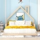 preview thumbnail 7 of 6, Full Size Floor House Bed with House-shaped Chimney Headboard - White Montessori Floorbed with Handrails and Wood Slats, Natural