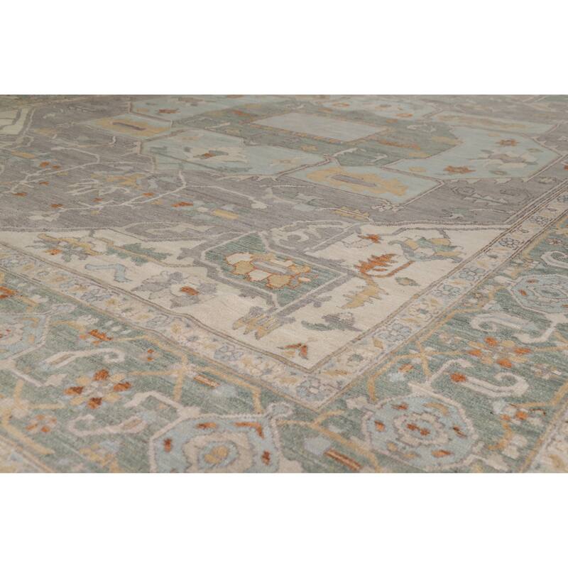 Hand Knotted Oriental 100% Wool Carpet Transitional Medallion Greys & Charcoal Oushak Area Rug - 14' 2'' X 10' 2''
