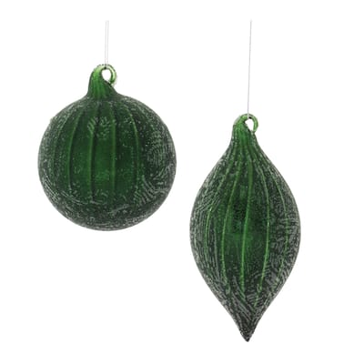 Glass Beaded Ornaments Set of 6 with Ribbed Texture and String Hangers - 4” x 4” x 4.75” (L x W x H)