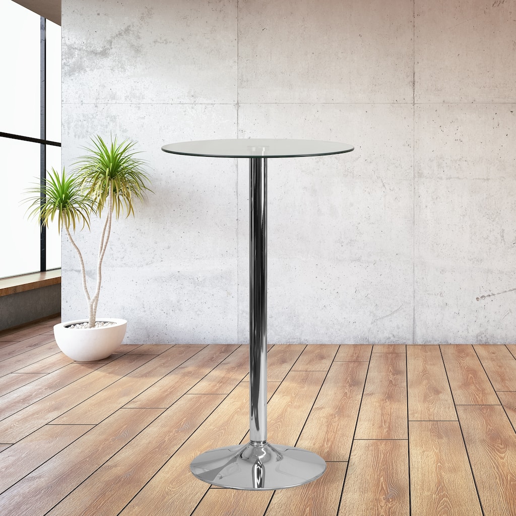 23.5" Round Glass Table with 35.5"H Chrome Base - Pedestal Table - Event Table