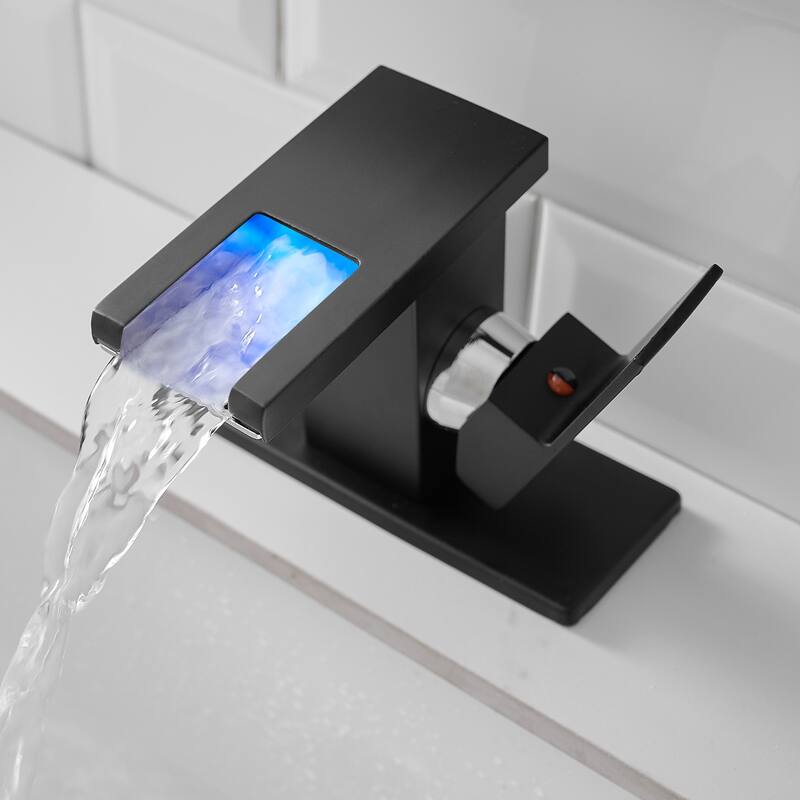 Bathroom Sink Faucet LED Light 3 Colors Changing Waterfall Glass Spout Hot Cold Water Mixer Single Handle One Hole