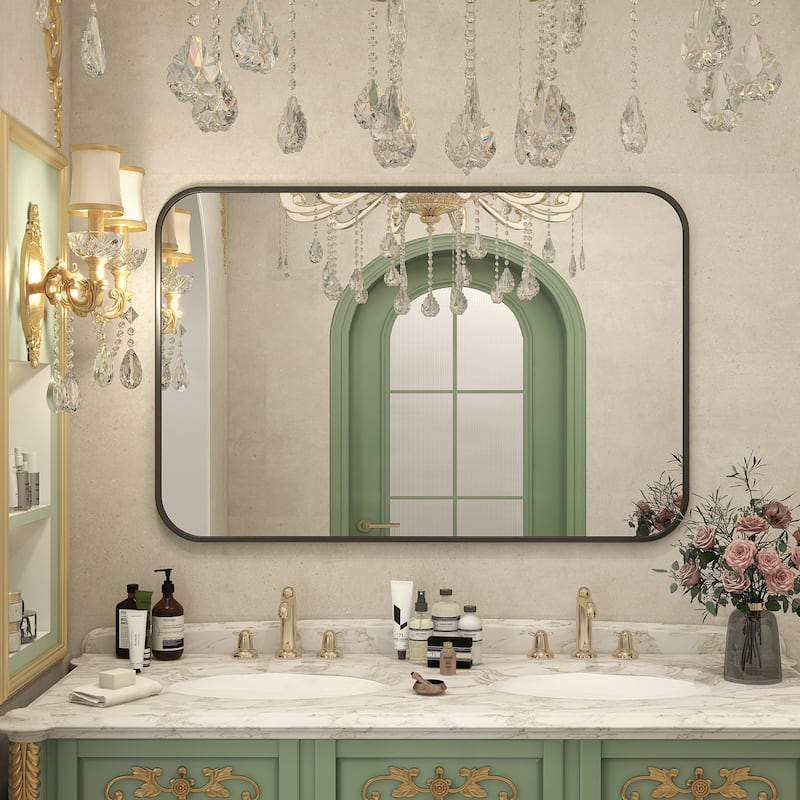 Wall Mounted Bathroom Mirror with Round Corner - 26"x38" - Black