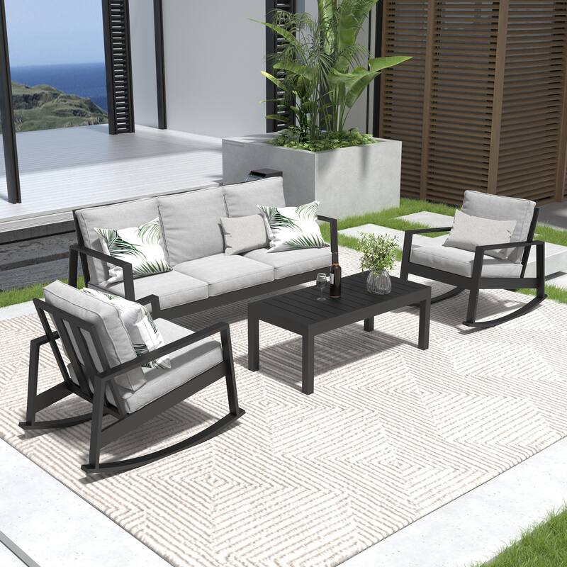 4-piece Outdoor Sofa Seating Group With Rocking Chairs And Coffee Table - Grey