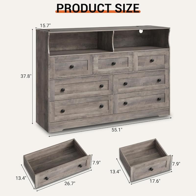 7 Drawer Dresser TV Stand for Bedroom with Charging Station & LED Lights