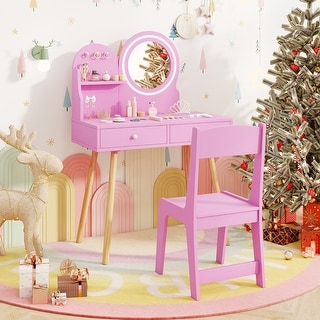 Gymax Kids Vanity Set w/ Lighted Mirror Princess Makeup Dressing Desk