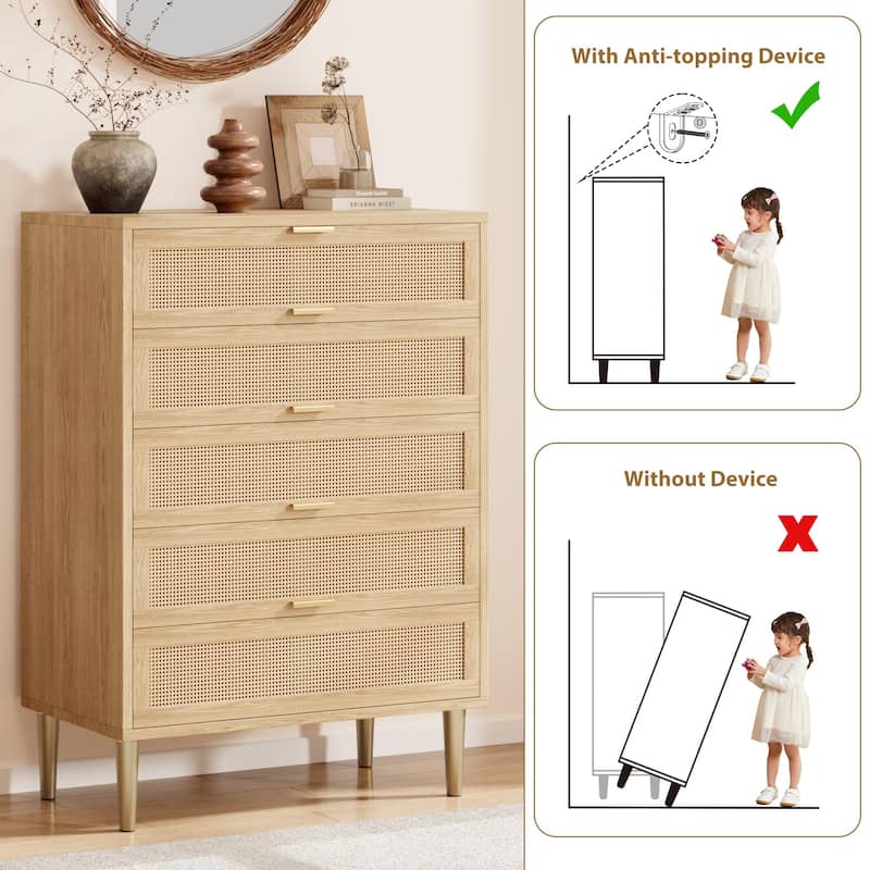 Rattan 5 Drawer Dresser, 44'' Tall Narrow Chest, Farmhouse Vertical Dresser with Metal Legs and Handles
