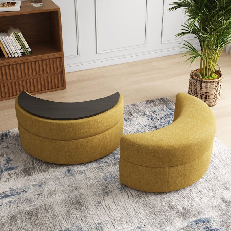 Moon Crescent Chenille Boucle Upholstered Ottoman Set of 2