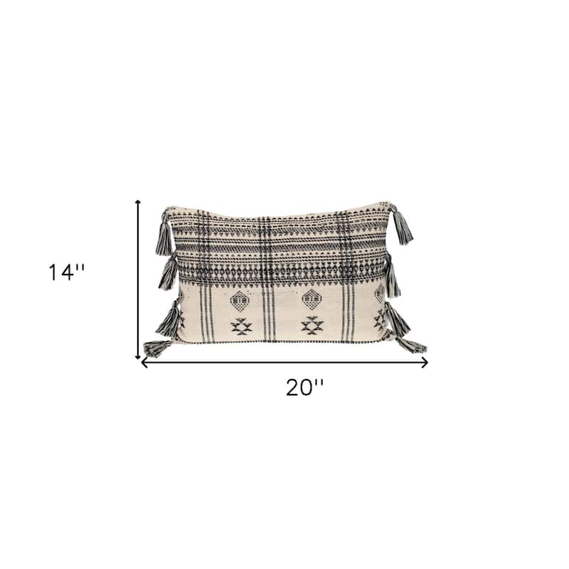 HomeRoots 14" X 20" Beige and Black Southwestern Cotton Throw Pillow With Tassels