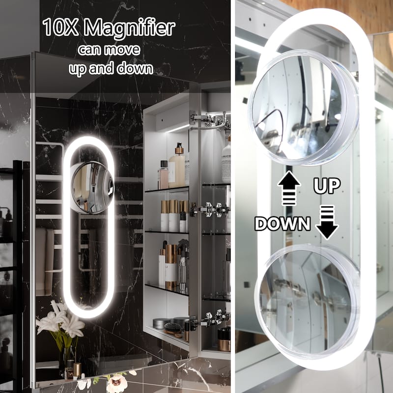 36'' H Recessed or Surface Mounted Bathroom LED Mirror Cabinet With Defogger, Dimmer, 10x magnifying